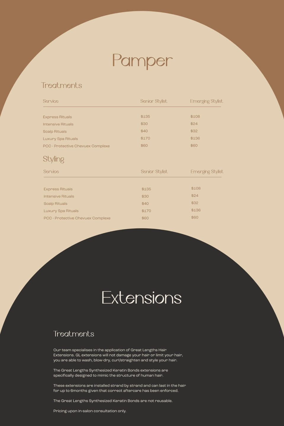 Mister Morris website pricing layout - pamper & extensions